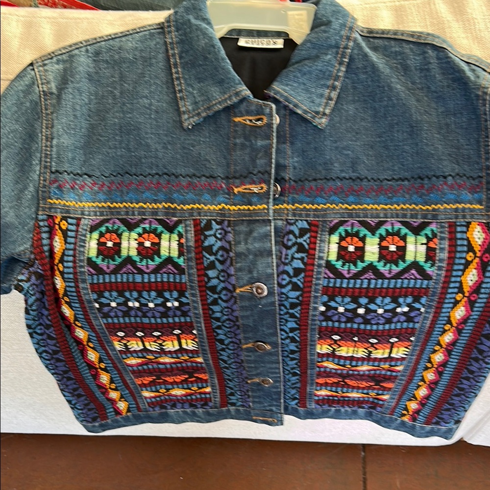 Chico's Multicolor Embroidered Jean Jacket